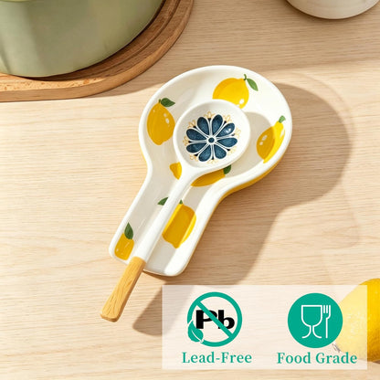 Porcelain Fruit Spoon Rest, Ceramic Utensil Rest for Stove & Countertop, Cute Spoon Holder, Ideal Gift for Housewarming, Mother's Day and Valentine’s Day (lemon)