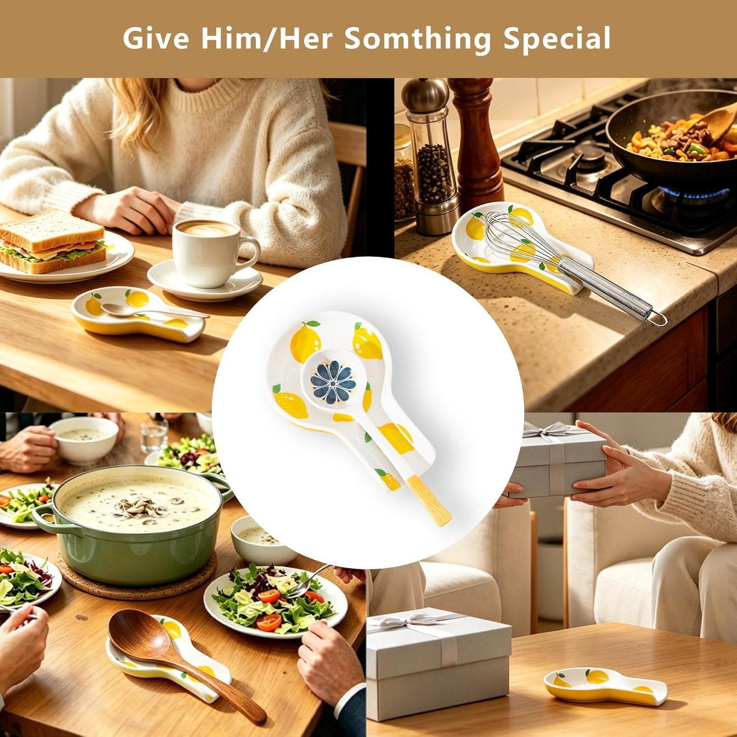 Porcelain Fruit Spoon Rest, Ceramic Utensil Rest for Stove & Countertop, Cute Spoon Holder, Ideal Gift for Housewarming, Mother's Day and Valentine’s Day (lemon)