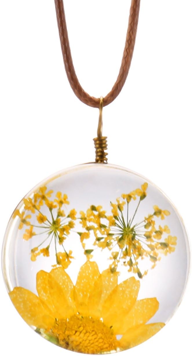 Queen Anne's Lace Daisy Pressed Flowers Transparent Round Pendant Necklace (7 Colors)