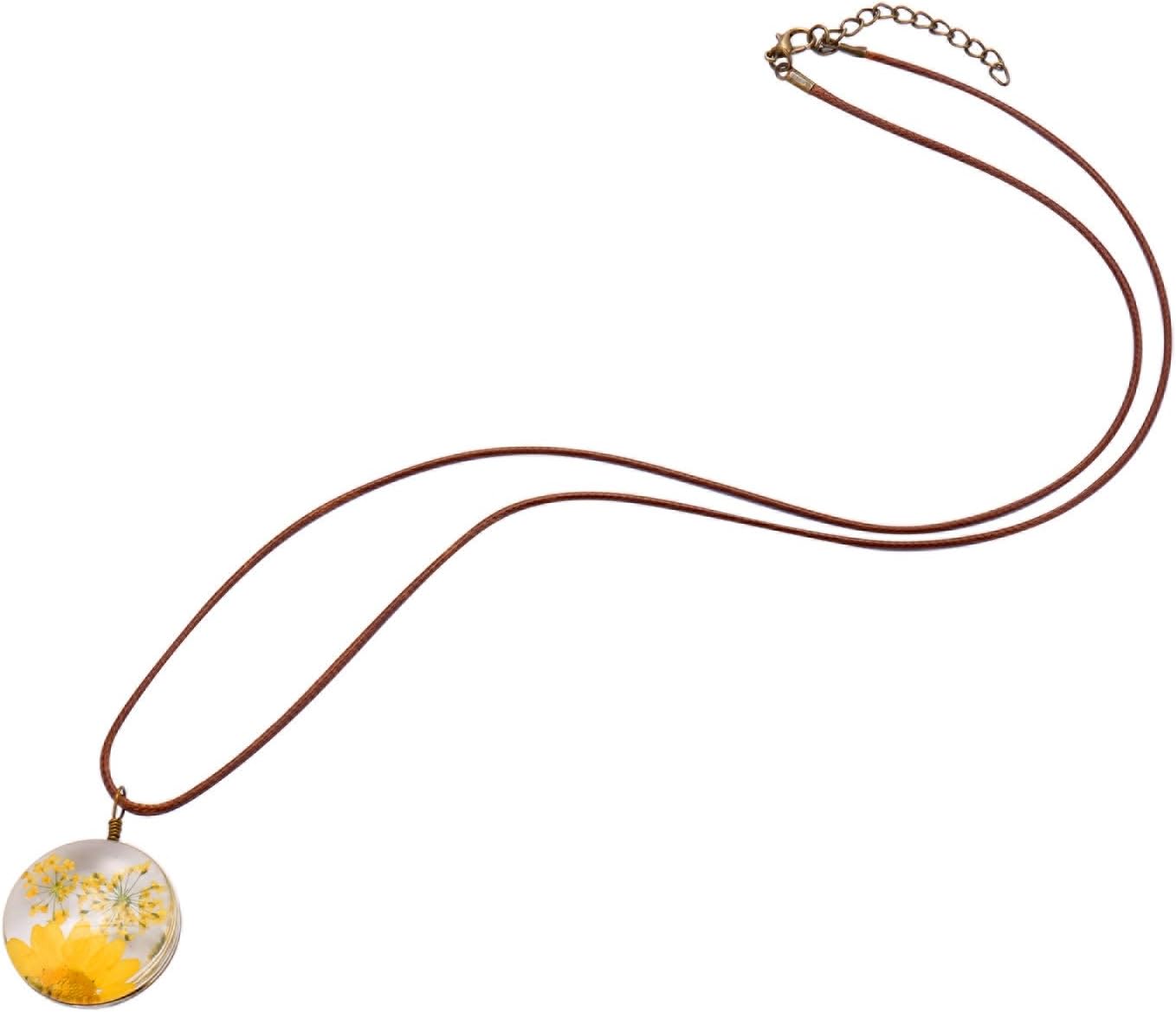 Queen Anne's Lace Daisy Pressed Flowers Transparent Round Pendant Necklace (7 Colors)