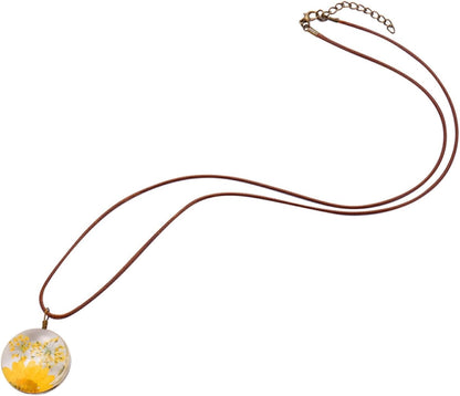 Queen Anne's Lace Daisy Pressed Flowers Transparent Round Pendant Necklace (7 Colors)