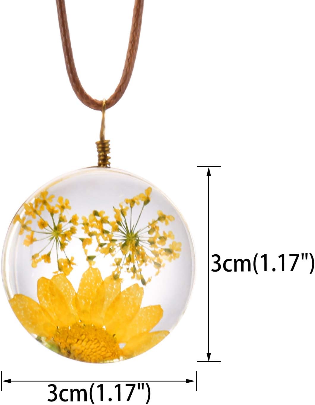 Queen Anne's Lace Daisy Pressed Flowers Transparent Round Pendant Necklace (7 Colors)