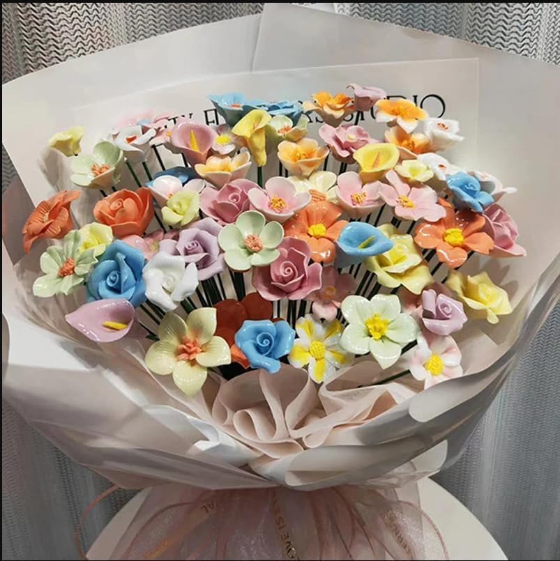 10 PCS 3D Flower Ceramic Tiles,1.6" Handmade Procelain Ceramic Flowers for Artwork,Fish Tank,Vases,Living Room, Dining Table,Office, Home Floral Decor (Single-Flowered Iridescent Yellow)