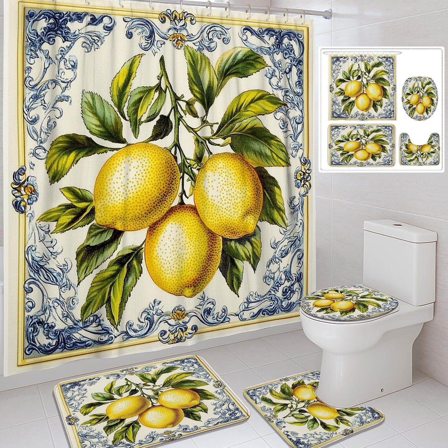 Lemon Themed Shower Curtain Set, Yellow Fruit Bath Mat Rugs Accessories for Bathroom Decor, Summer Modern Yellow Waterproof Fabric Shower Curtain Set with Hooks 72x72 Inch