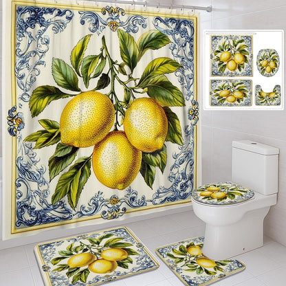Lemon Themed Shower Curtain Set, Yellow Fruit Bath Mat Rugs Accessories for Bathroom Decor, Summer Modern Yellow Waterproof Fabric Shower Curtain Set with Hooks 72x72 Inch
