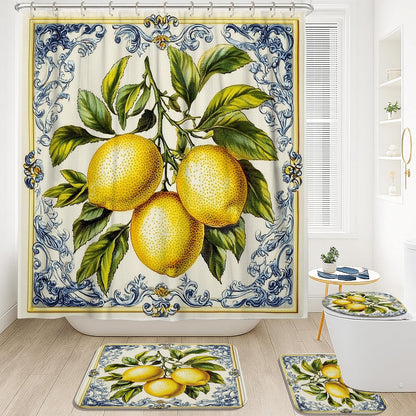 Lemon Themed Shower Curtain Set, Yellow Fruit Bath Mat Rugs Accessories for Bathroom Decor, Summer Modern Yellow Waterproof Fabric Shower Curtain Set with Hooks 72x72 Inch