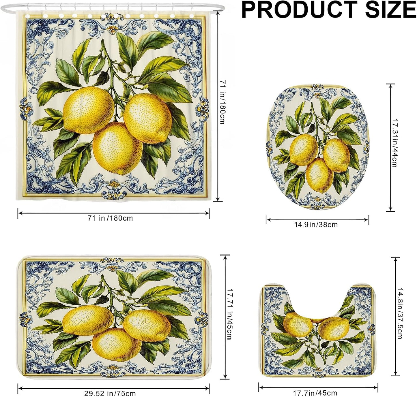 Lemon Themed Shower Curtain Set, Yellow Fruit Bath Mat Rugs Accessories for Bathroom Decor, Summer Modern Yellow Waterproof Fabric Shower Curtain Set with Hooks 72x72 Inch