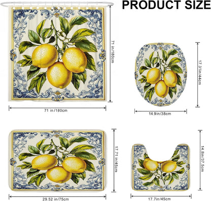 Lemon Themed Shower Curtain Set, Yellow Fruit Bath Mat Rugs Accessories for Bathroom Decor, Summer Modern Yellow Waterproof Fabric Shower Curtain Set with Hooks 72x72 Inch