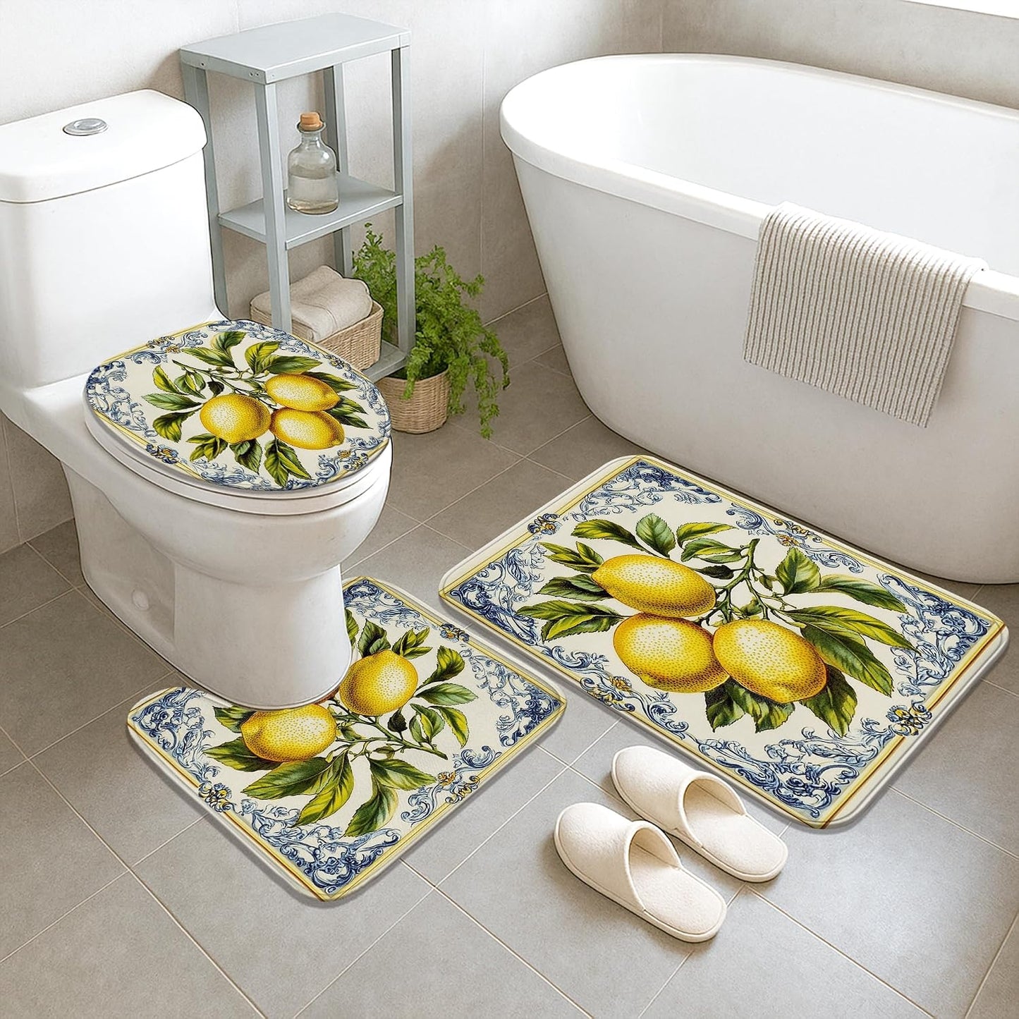 Lemon Themed Shower Curtain Set, Yellow Fruit Bath Mat Rugs Accessories for Bathroom Decor, Summer Modern Yellow Waterproof Fabric Shower Curtain Set with Hooks 72x72 Inch