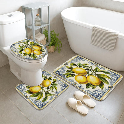 Lemon Themed Shower Curtain Set, Yellow Fruit Bath Mat Rugs Accessories for Bathroom Decor, Summer Modern Yellow Waterproof Fabric Shower Curtain Set with Hooks 72x72 Inch