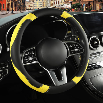Black Yellow Microfiber Leather Steering Wheel Cover 15 inch | Breathable Anti Slip Grip Cool Sporty Look Glow for Women Men