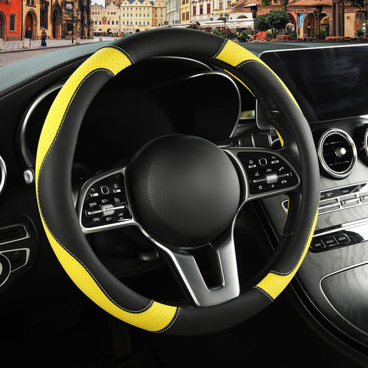 Black Yellow Microfiber Leather Steering Wheel Cover 15 inch | Breathable Anti Slip Grip Cool Sporty Look Glow for Women Men
