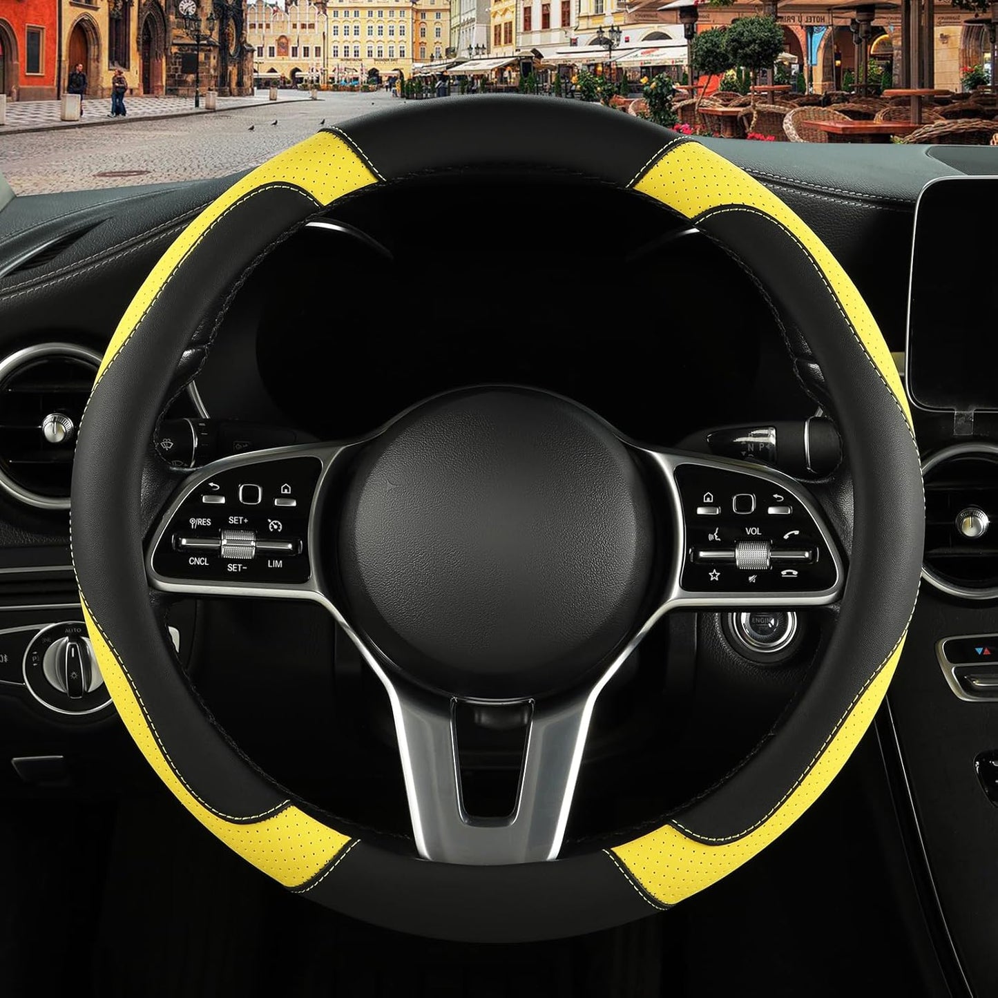 Black Yellow Microfiber Leather Steering Wheel Cover 15 inch | Breathable Anti Slip Grip Cool Sporty Look Glow for Women Men