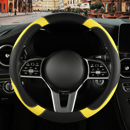 Black Yellow Microfiber Leather Steering Wheel Cover 15 inch | Breathable Anti Slip Grip Cool Sporty Look Glow for Women Men