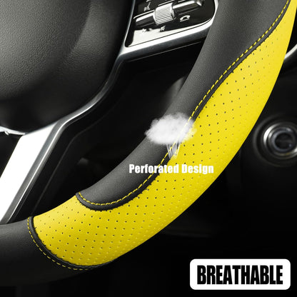 Black Yellow Microfiber Leather Steering Wheel Cover 15 inch | Breathable Anti Slip Grip Cool Sporty Look Glow for Women Men