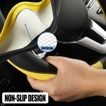 Black Yellow Microfiber Leather Steering Wheel Cover 15 inch | Breathable Anti Slip Grip Cool Sporty Look Glow for Women Men