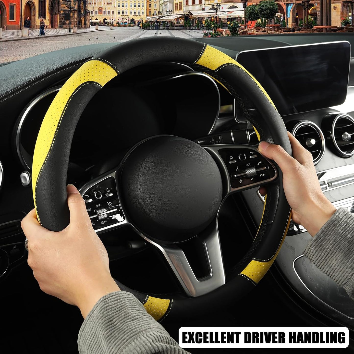 Black Yellow Microfiber Leather Steering Wheel Cover 15 inch | Breathable Anti Slip Grip Cool Sporty Look Glow for Women Men