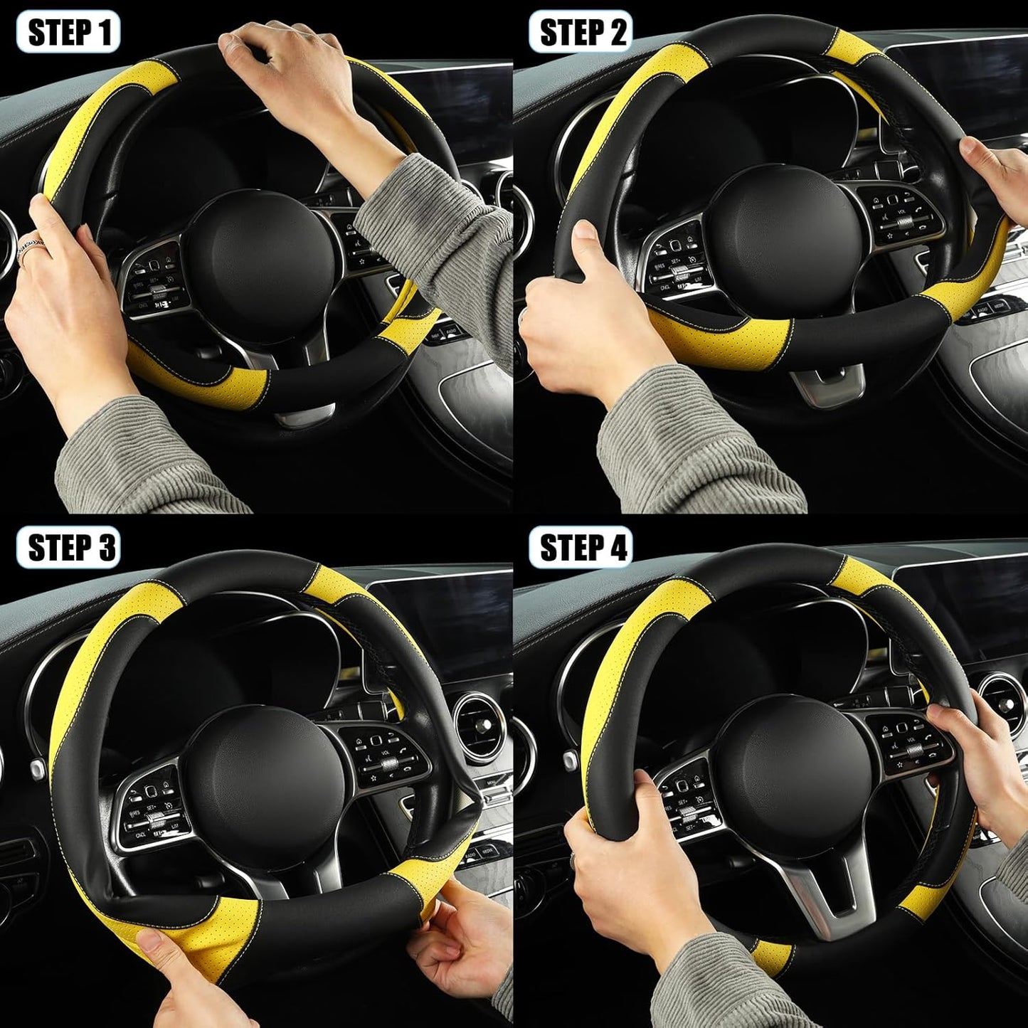Black Yellow Microfiber Leather Steering Wheel Cover 15 inch | Breathable Anti Slip Grip Cool Sporty Look Glow for Women Men