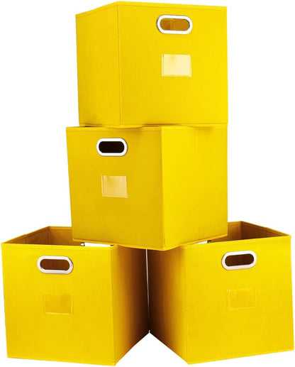 Cube Storage Bins,13 inch Storage Bin,4-Pack Yellow Storage Boxes with Dual Metal Handles for Organizing Shelves,Closet,Nursery,Home