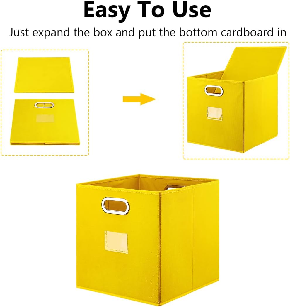 Cube Storage Bins,13 inch Storage Bin,4-Pack Yellow Storage Boxes with Dual Metal Handles for Organizing Shelves,Closet,Nursery,Home