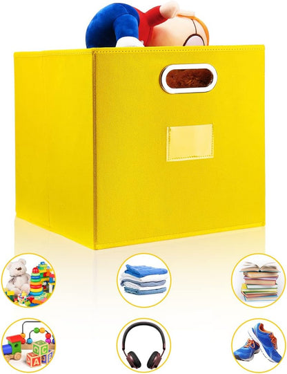 Cube Storage Bins,13 inch Storage Bin,4-Pack Yellow Storage Boxes with Dual Metal Handles for Organizing Shelves,Closet,Nursery,Home