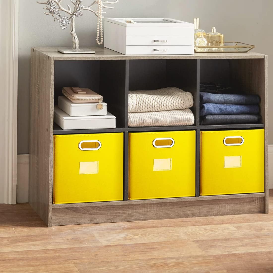 Cube Storage Bins,13 inch Storage Bin,4-Pack Yellow Storage Boxes with Dual Metal Handles for Organizing Shelves,Closet,Nursery,Home