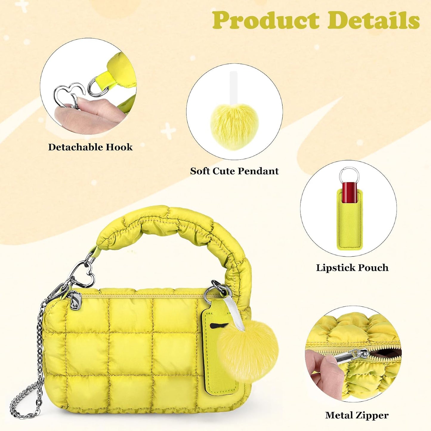 Two Sizes Quilted Wristlet Bag for Women, Puffer Handbags,Evening Bags,Charm Lipstick Bag