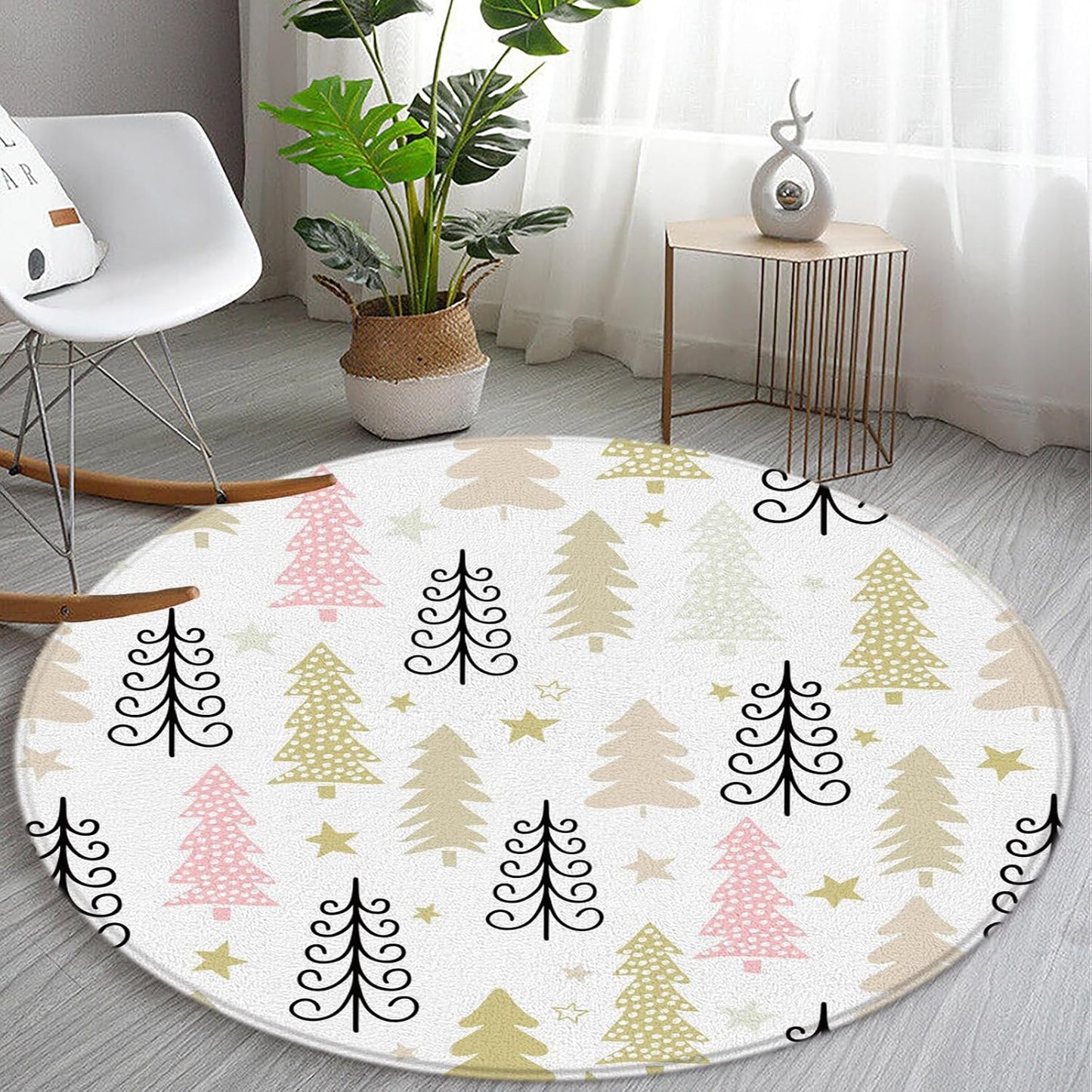 Merry Christmas Round Area Rug Christmas Tree Star Pink Yellow Cartoon New Year Winter Holiday for Entryway Living Room Bedroom Home Decor 3ft