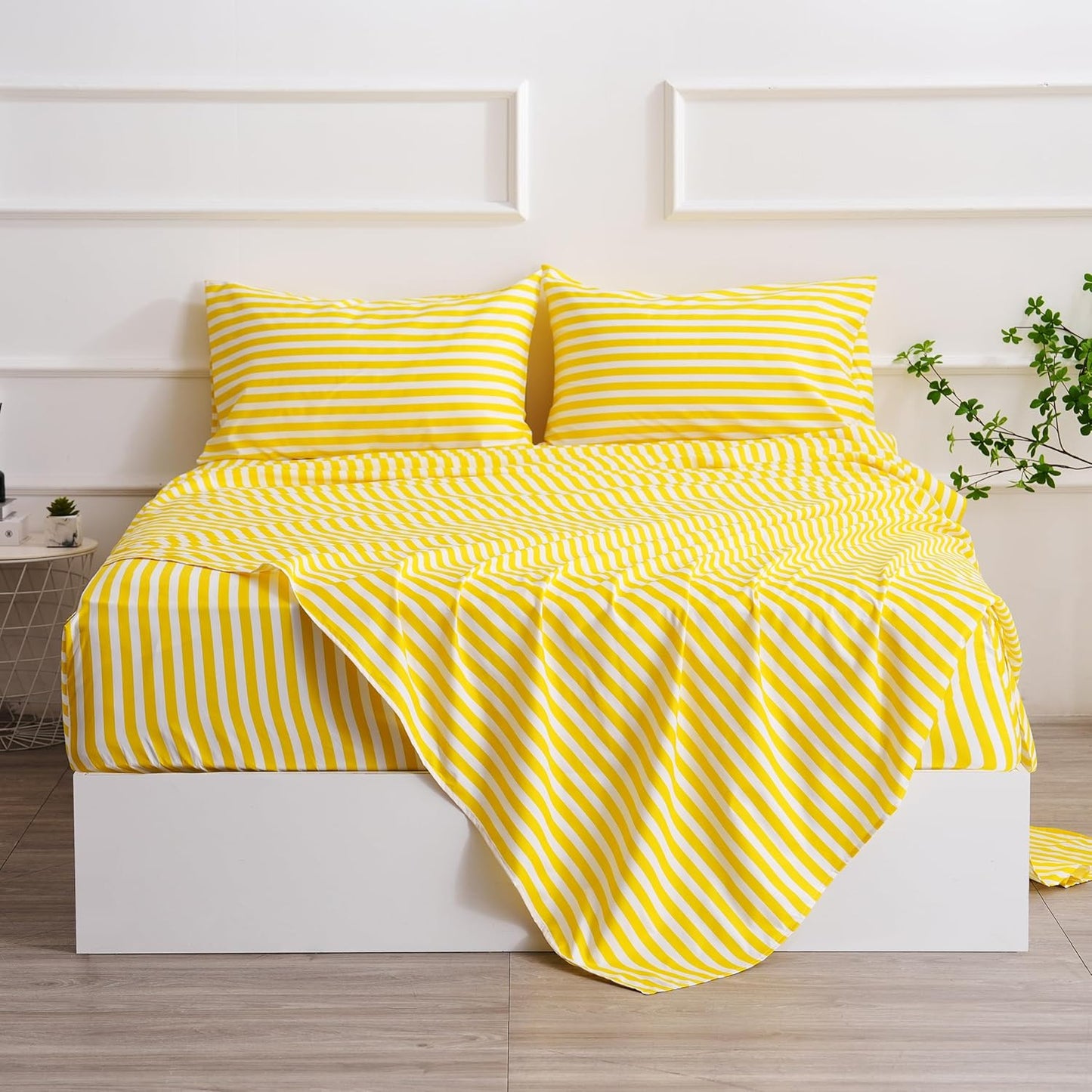 Yellow Striped Bed Sheet Set Twin Size 3 Piece with 16-Inch Deep Pockets- Super Soft & Wrinkle Free Stripe Bed Sheets - Luxury Yellow & White Striped Pinstripe Bedding for All Season