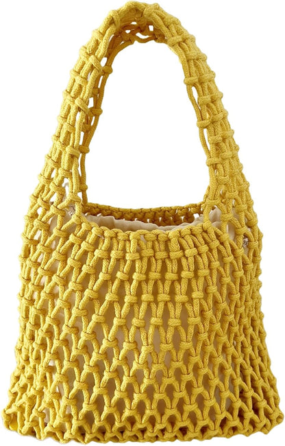 Mini Clutch Handbag Fishing Net Bucket Bag Cotton Rope Crochet Drawstring Woven Beach Bag Small Tote for Women Girls