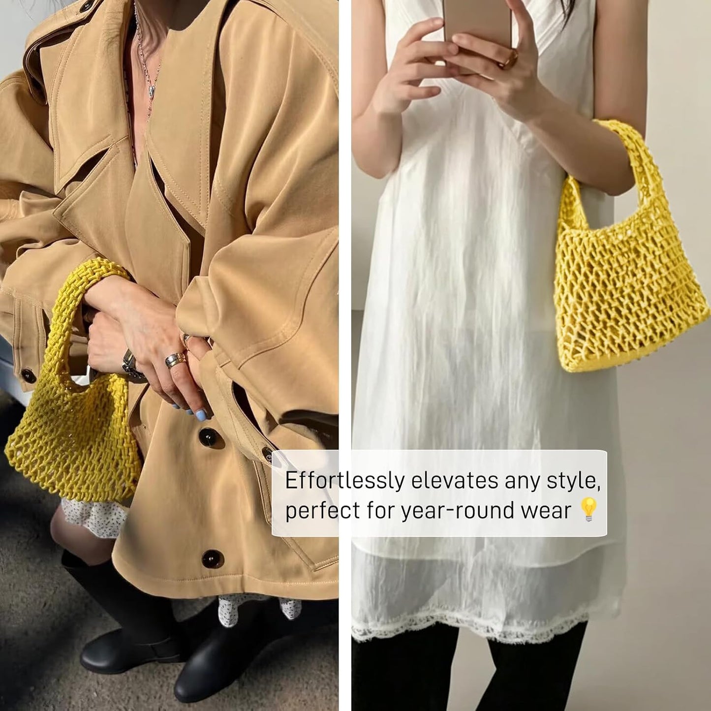Mini Clutch Handbag Fishing Net Bucket Bag Cotton Rope Crochet Drawstring Woven Beach Bag Small Tote for Women Girls