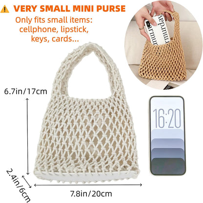 Mini Clutch Handbag Fishing Net Bucket Bag Cotton Rope Crochet Drawstring Woven Beach Bag Small Tote for Women Girls