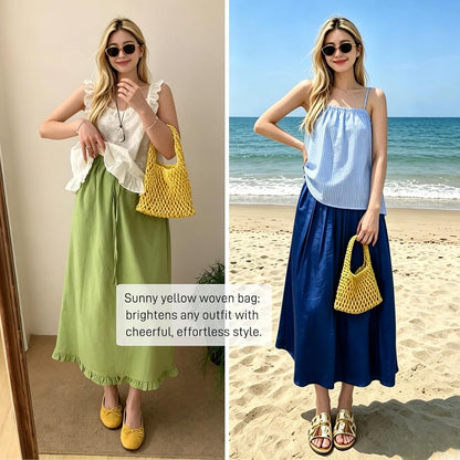 Mini Clutch Handbag Fishing Net Bucket Bag Cotton Rope Crochet Drawstring Woven Beach Bag Small Tote for Women Girls