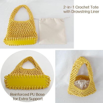 Mini Clutch Handbag Fishing Net Bucket Bag Cotton Rope Crochet Drawstring Woven Beach Bag Small Tote for Women Girls
