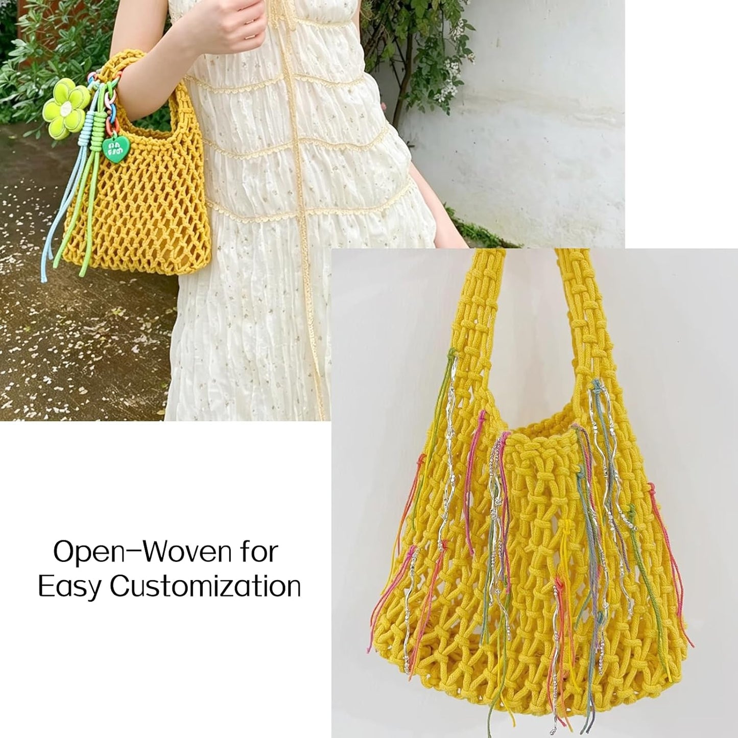 Mini Clutch Handbag Fishing Net Bucket Bag Cotton Rope Crochet Drawstring Woven Beach Bag Small Tote for Women Girls