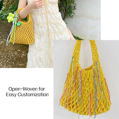 Mini Clutch Handbag Fishing Net Bucket Bag Cotton Rope Crochet Drawstring Woven Beach Bag Small Tote for Women Girls