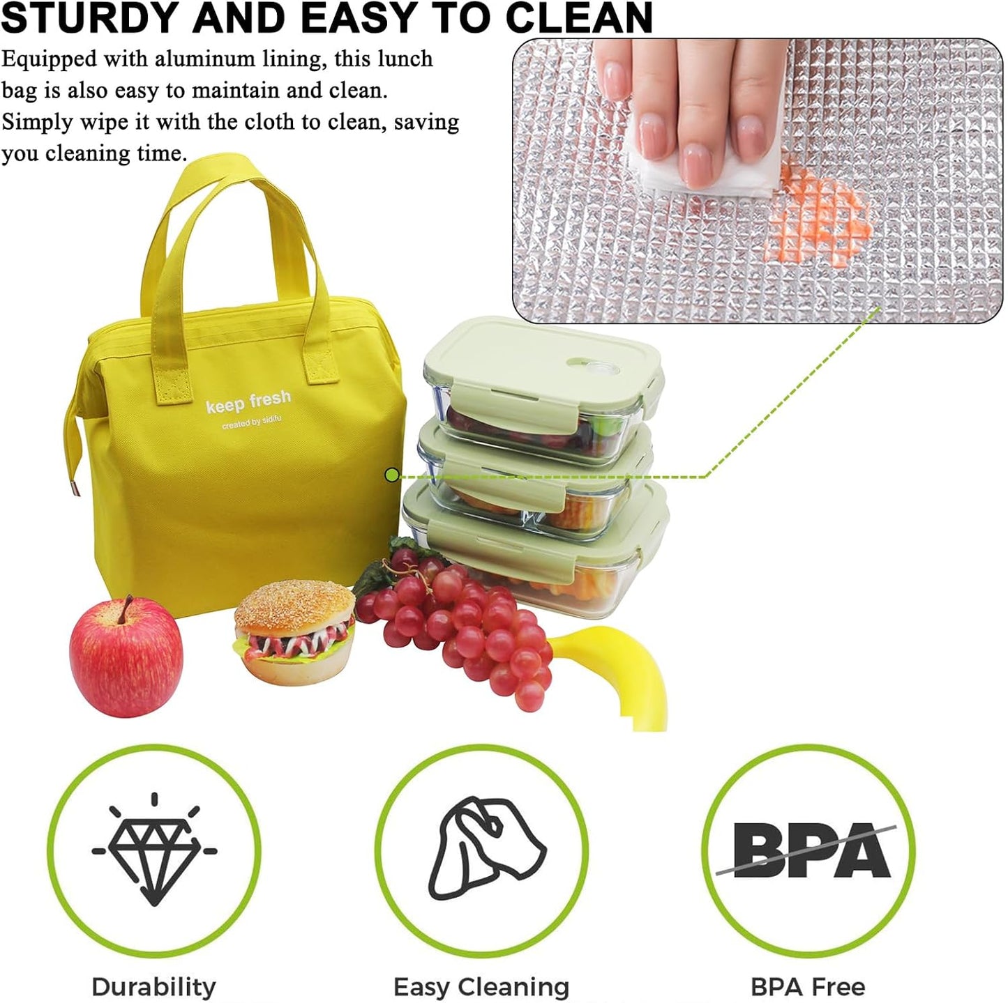 Insulated Lunch Bag Simple Bento Cooler Bag Lunch Tote Bag for Lunch Box for Women Men Adult Picnic Working Hiking Beach (Yellow)