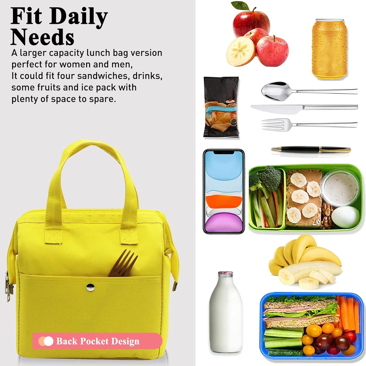 Insulated Lunch Bag Simple Bento Cooler Bag Lunch Tote Bag for Lunch Box for Women Men Adult Picnic Working Hiking Beach (Yellow)