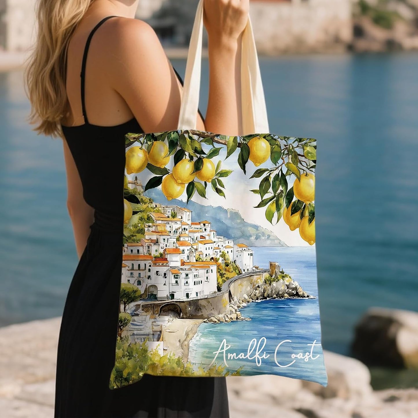 Lemon Gifts Tote Bag - Aesthetic Amalfi Coast Totes | Italy Souvenirs Cotton Grocery Handbag Travel Essentials Thank Birthday Gift for Women Girls Mom Daughter Wife Friends Bestie