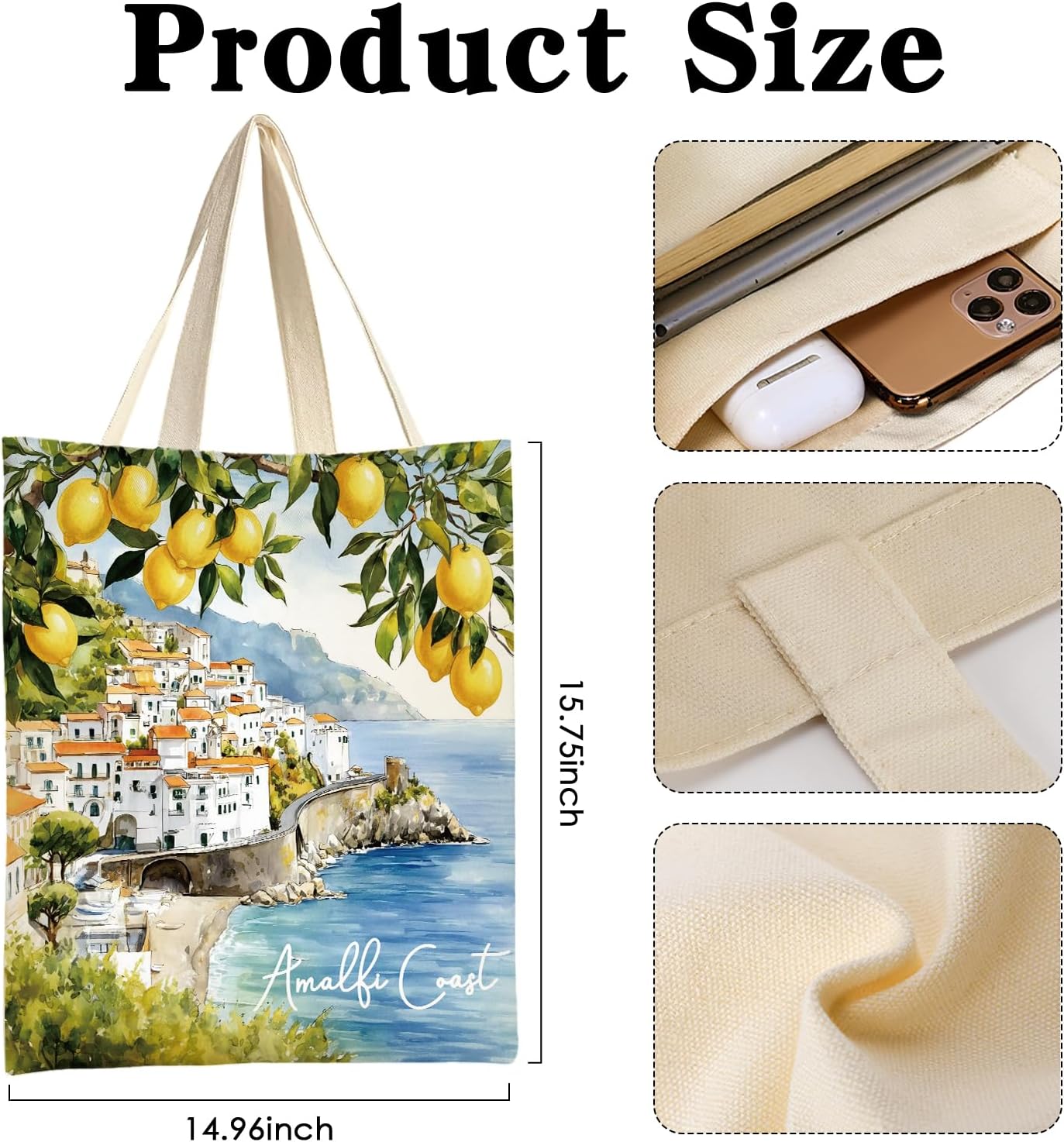 Lemon Gifts Tote Bag - Aesthetic Amalfi Coast Totes | Italy Souvenirs Cotton Grocery Handbag Travel Essentials Thank Birthday Gift for Women Girls Mom Daughter Wife Friends Bestie