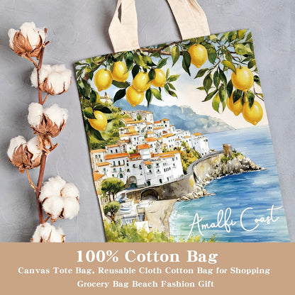 Lemon Gifts Tote Bag - Aesthetic Amalfi Coast Totes | Italy Souvenirs Cotton Grocery Handbag Travel Essentials Thank Birthday Gift for Women Girls Mom Daughter Wife Friends Bestie