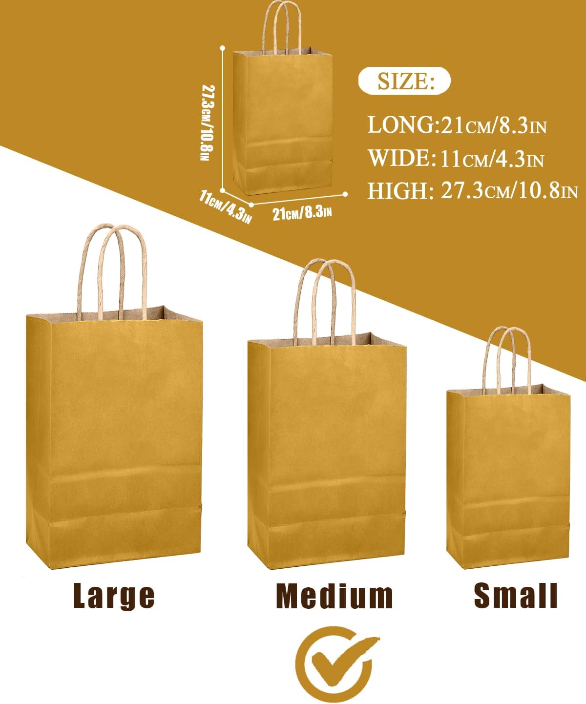 Mustard Yellow Gift Bag with Handles Bulk 24Pcs Paper Bags -10.6"x8.3"x4.3"Party Favor Bags - Solid Color