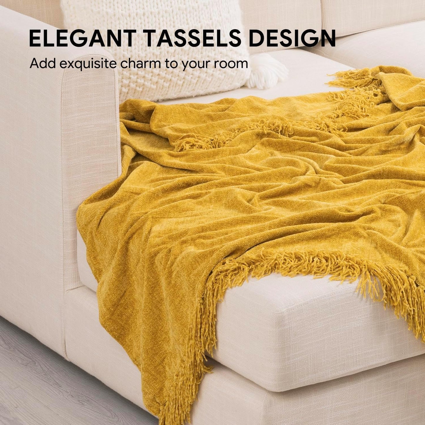RECYCO Throw Blanket Soft Cozy Chenille Throw Blanket with Fringe Tassel for Couch Sofa Chair Bed Living Room Gift (Mustard Yellow, 50'' x 60'')