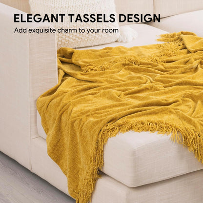 RECYCO Throw Blanket Soft Cozy Chenille Throw Blanket with Fringe Tassel for Couch Sofa Chair Bed Living Room Gift (Mustard Yellow, 50'' x 60'')