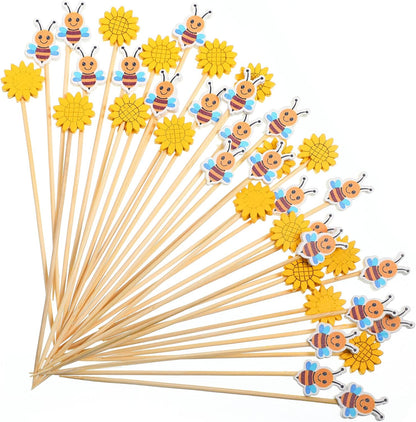 100 Pcs Summer Bee Sunflower Cocktail Picks Bee Cupcake Toppers Sunflower Bamboo Toothpicks Cute Decorative Appetizer Skewers for Cake Decorations Baby Shower Birthday Party Supplies