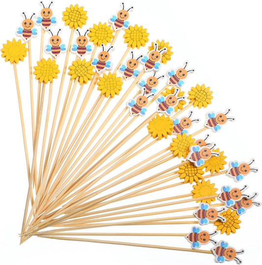 100 Pcs Summer Bee Sunflower Cocktail Picks Bee Cupcake Toppers Sunflower Bamboo Toothpicks Cute Decorative Appetizer Skewers for Cake Decorations Baby Shower Birthday Party Supplies