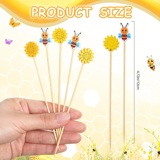 100 Pcs Summer Bee Sunflower Cocktail Picks Bee Cupcake Toppers Sunflower Bamboo Toothpicks Cute Decorative Appetizer Skewers for Cake Decorations Baby Shower Birthday Party Supplies