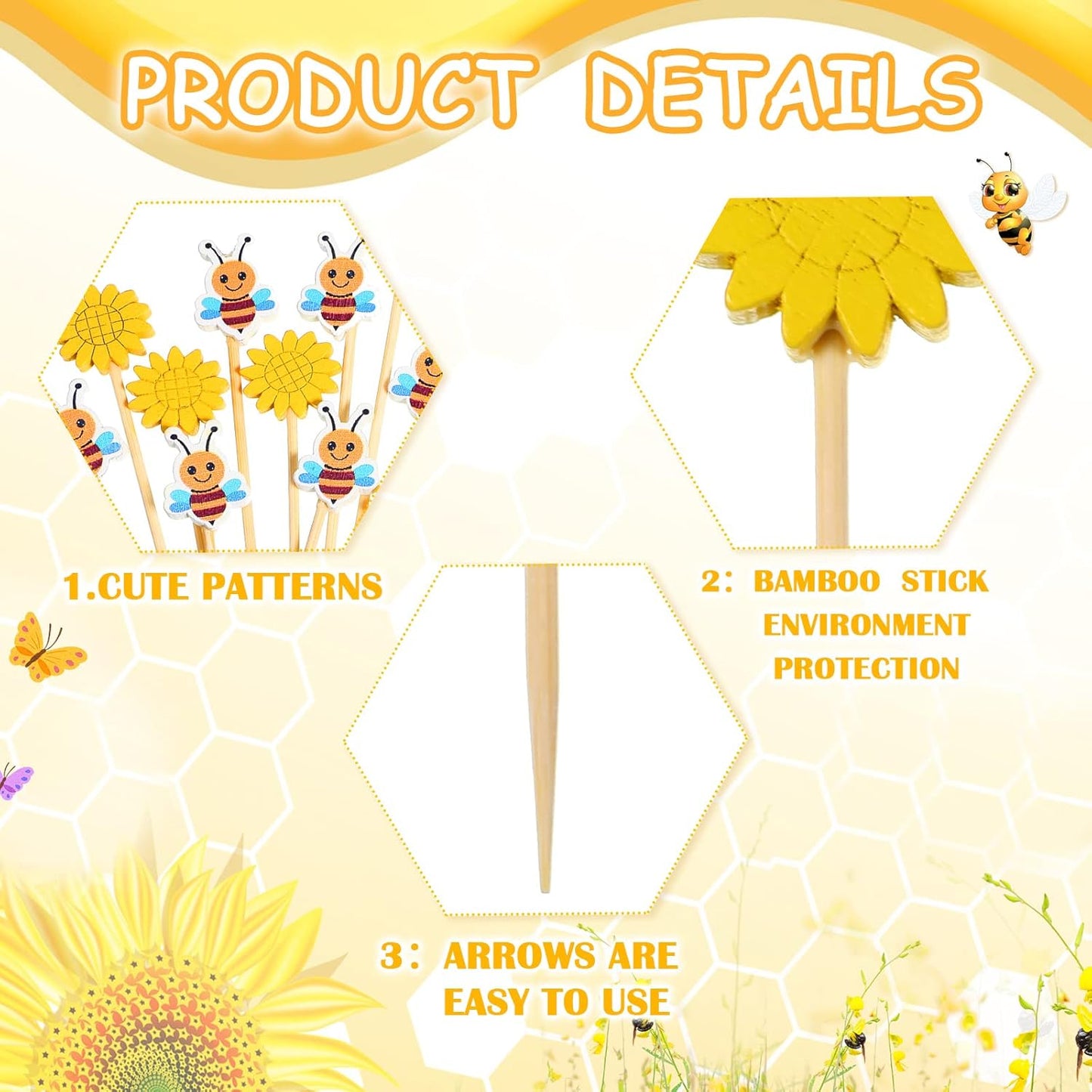 100 Pcs Summer Bee Sunflower Cocktail Picks Bee Cupcake Toppers Sunflower Bamboo Toothpicks Cute Decorative Appetizer Skewers for Cake Decorations Baby Shower Birthday Party Supplies