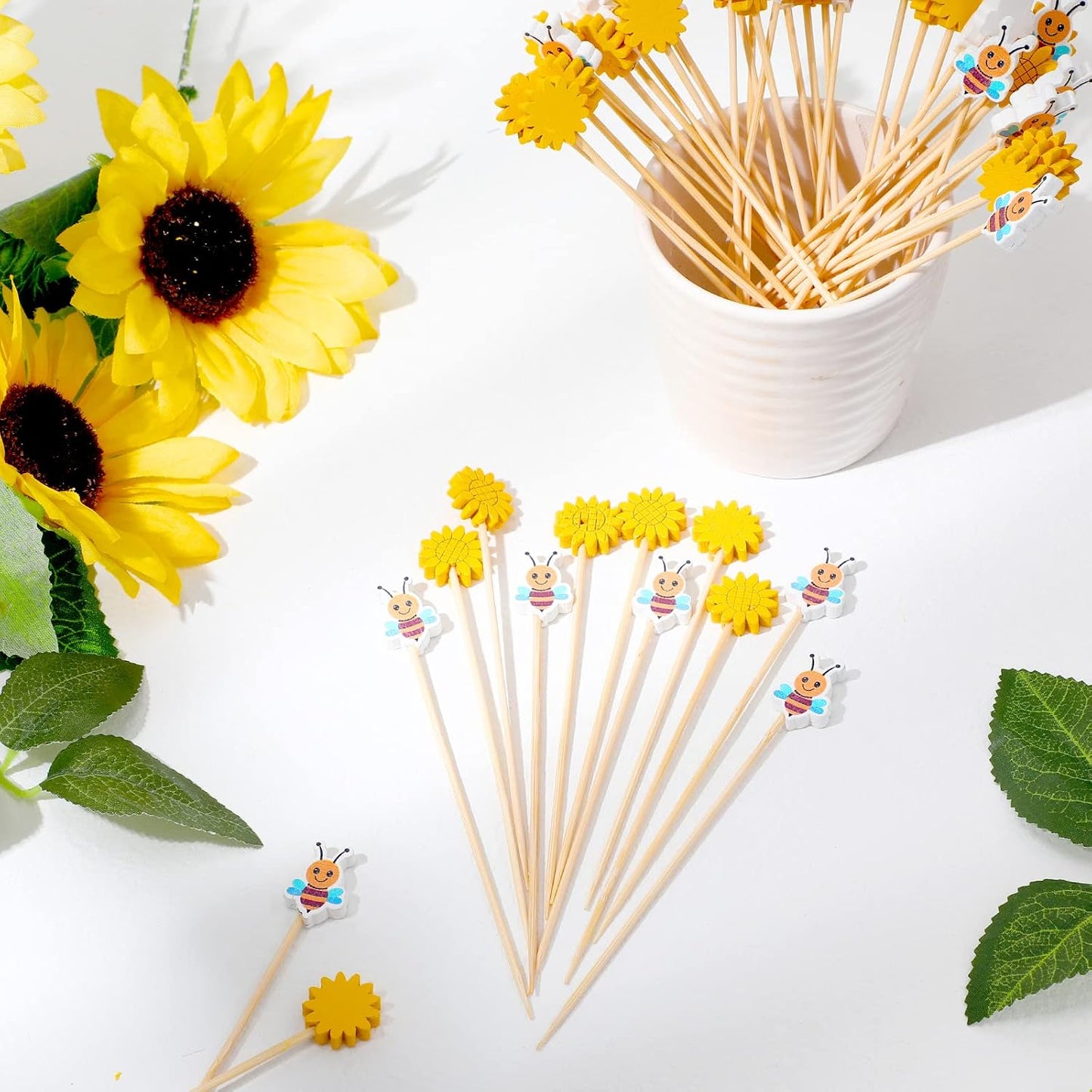 100 Pcs Summer Bee Sunflower Cocktail Picks Bee Cupcake Toppers Sunflower Bamboo Toothpicks Cute Decorative Appetizer Skewers for Cake Decorations Baby Shower Birthday Party Supplies