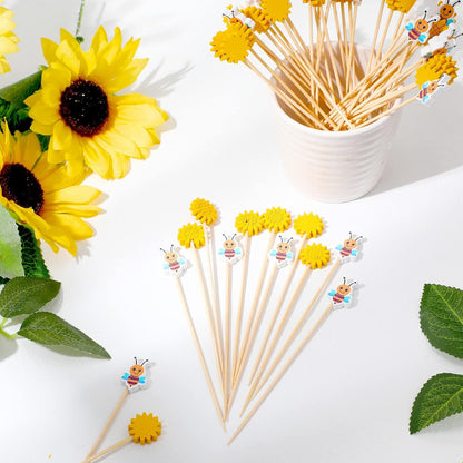 100 Pcs Summer Bee Sunflower Cocktail Picks Bee Cupcake Toppers Sunflower Bamboo Toothpicks Cute Decorative Appetizer Skewers for Cake Decorations Baby Shower Birthday Party Supplies